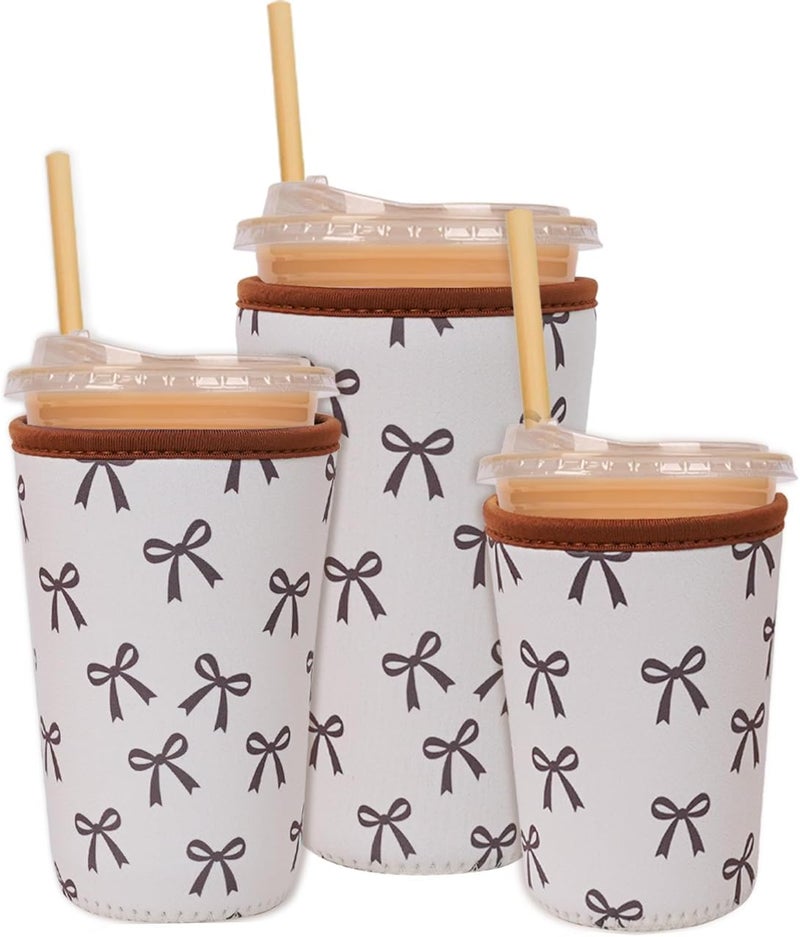 Haevola Reusable Insulated Neoprene Iced Coffee Cup Sleeve, Durable Drink Sleeve for Cold Beverages, Beverage Holder for Iced Coffee, Elegant Bow - Image 1